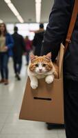 Cat carrier with feline inside set against an airport interior backdrop rendered using neural network art style photo