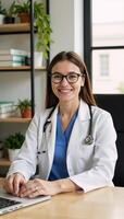 Cheerful doctor with glasses at organized desk assisting patients in plantfilled med office photo