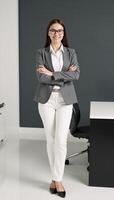 Professional businesswoman smiles in office setting photo
