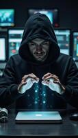 A man wearing a hood depicted as a cyberhacker surrounded by floating holograms and data streams photo
