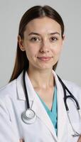 Portrait featuring a young woman wearing a stethoscope as a medical professional photo