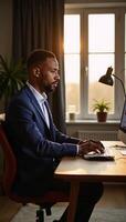 Mature Black financial advisor at home during golden hour typing with focused gaze while on a call in a stylishly decorated contemporary residence photo