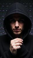A hooded hacker amidst glitchy computer code glitch art photo