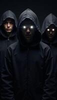 A hooded coven with glowing eye features photo