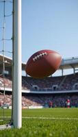 A 3D rendition of a football game with a ball helmet and goalposts within a stadium atmosphere photo