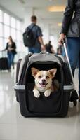 A cute dog traveling in a pet carrier at an airport terminal with its owner photo