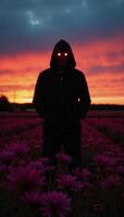 Figure in redeyed hooded jacket amidst glowing sunset and blooming wildflower field photo