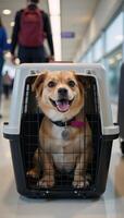A dog in a travel carrier is depicted enjoying itself at an airport terminal photo