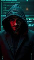 Cybercriminal depicted as a hacker with hoodie on neonred digital backdrop signifying cybersecurity and protection efforts photo