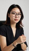 An intellectually focused Asian businesswoman wears glasses and sits alone under warm lighting against a stark white backdrop photo