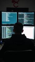 A hooded hacker engrossed in cybercrime with multiple screens and dimly lit surroundings photo