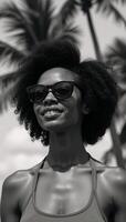 Illustration showcases a serene AfricanAmerican lady wearing sunglasses and an Afro hairdo amidst a tropical landscape with a towering palm tree symbolizing the essence of summer photo