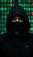 Hooded hacker in front of binary code backdrop photo