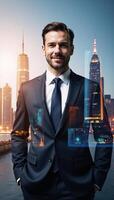 A double exposure image featuring a business person against a futuristic techfocused metropolis backdrop photo