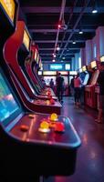 Illustration depicts a neonlit arcade center for retro gaming fun photo