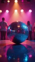A 3D disco ball shines vibrantly amidst a retrotastic club scene showcasing a glowing neon party vibe photo