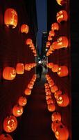 Pumpkin carvings featuring currency symbols adorn a spooky alley scene in New York Citys Wall Street district during Halloween photo