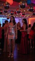 A festive nostalgiainducing disco setting adorned with balloons and disco lights photo