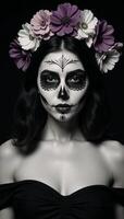 Drawing Sugar Skull Woman adorned with Floral Accessories photo