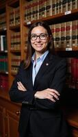 A professional photoshoot depicts an attractive attorney surrounded by books and lawthemed details within a legal library setting photo