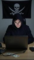Hooded hacker depicted with computer working on illicit activities in a cybersecurity context piracy banks money highresolution portrait photo