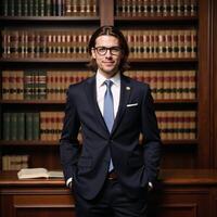 A professional photoshoot depicts an attractive attorney surrounded by books and lawthemed details within a legal library setting photo