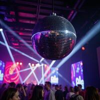 Vibrant disco lights illuminate a lively nightclub scene with reflective mirror balls photo