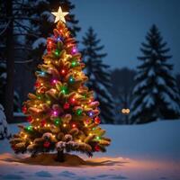 A picturesque Christmas scene featuring a shining tree adorned with glittering gold ornaments amidst a frosty snowcovered landscape photo