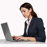 Woman on laptop against minimalist backdrop illustration style work focused photo