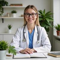 A cheerful glasswearing doctor attends to patients amidst plants and books in a neatly organized clinic photo