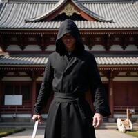 A solitary samurai stands guard outside a Japanese temple photo