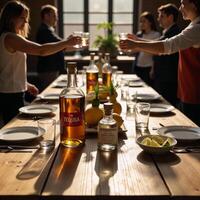 Tequilatasting scene at a rustic wood table during Cinco de Mayo celebration friends toast amidst bottles limes salt under natural lighting photo