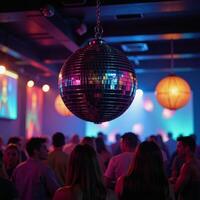 Vibrant disco ball lights highlight an abstract retroinspired nightclub scene for celebrations and music events photo