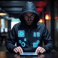 A man wearing a hood uses holographic technology as a futuristic hacker photo