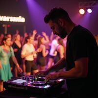 Dancefloor comes alive at night as a skilled DJ mixes music with precision photo
