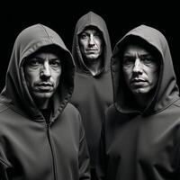 Hooded figures gather before a backdrop of darkness photo