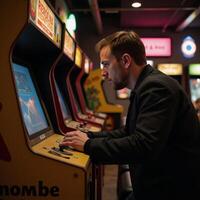 Nostalgic gaming experience featuring a retrostyled arcade with a man in brown photo