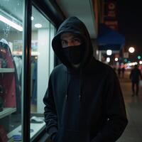 Hooded figure stealing from store during nighttime urban crime scene photo