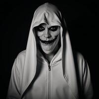 A Halloweenthemed portrait depicts an ominous figure a blackclad hooded man with sinister makeup hinting at his possible identity as a dangerous criminal lurking in the shadows photo