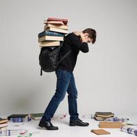 Overwhelmed student struggling under load of overflowing backpack signifying lack of organization photo