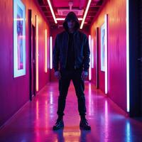A hooded man stands in a vibrant neonlit futuristic hall photo