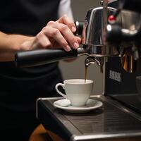 maker pours coffee in espresso machine photo