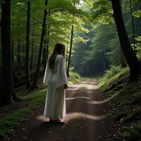 Ghost depicted standing on a woodland trail within a dense spooky forest photo