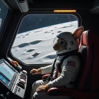 Rabbit piloting spaceship to moon Space travel anthropomorphic rabbit pilot photo