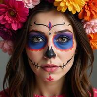 Closeup portrait featuring woman adorned with Day of the Dead makeup surrounded by flowers photo