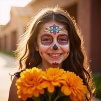 A smiley girl with colorful sugar skull makeup holds orange marigold bouquets in a sunlit setting photo