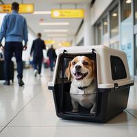 A joyful dog travels through an airport terminal inside its carrier photo