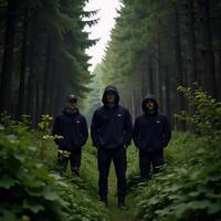 Three men in black hoodies and hats gather in a forest setting photo