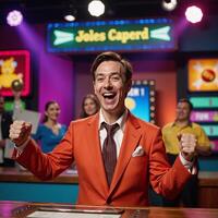 Nostalgic retro game show host celebrates winning moment on TV photo