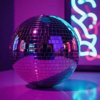 A neon disco ball surrounded by pink purple party lights illuminates a vibrant dance scene photo